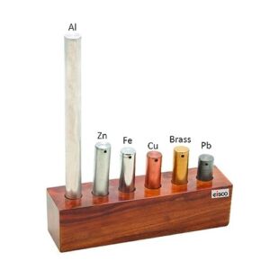 6pc Equal Mass Metal Cylinders Set - Copper, Lead, Brass, Zinc, Iron & Aluminum - Includes Wooden Storage Block - for Specific Heat, Specific Gravity & Density Experimentation - Eisco Labs