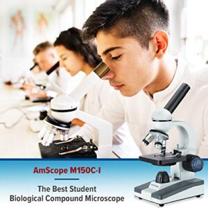 AmScope M150C-E-A 40X-1000X LED Cordless All-Metal Framework Full-Glass Optical Lens Student Compound Microscope with Coarse & Fine Focusing + Digital Camera USB Imager