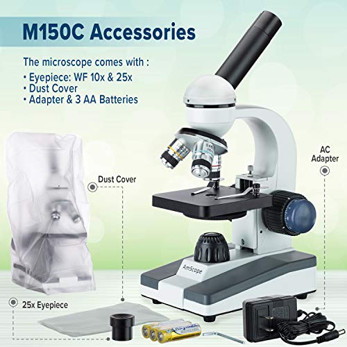 AmScope M150C-E-A 40X-1000X LED Cordless All-Metal Framework Full-Glass Optical Lens Student Compound Microscope with Coarse & Fine Focusing + Digital Camera USB Imager