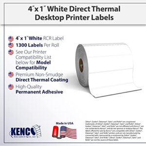 800540-105 Compatible KENCO® Brand 4 inch x 1 inch with perf Direct Thermal Labels to fit Eltron or Zebra Printers. 1 in. Core, 1,310 Labels Per Roll, 12 Rolls Per Case