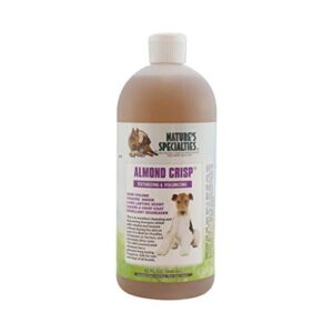 nature's specialties almond crisp ultra concentrated dog shampoo for pets, makes up to 8 gallons, natural choice for professional groomers, texturizing and volumizing, made in usa, 32 oz