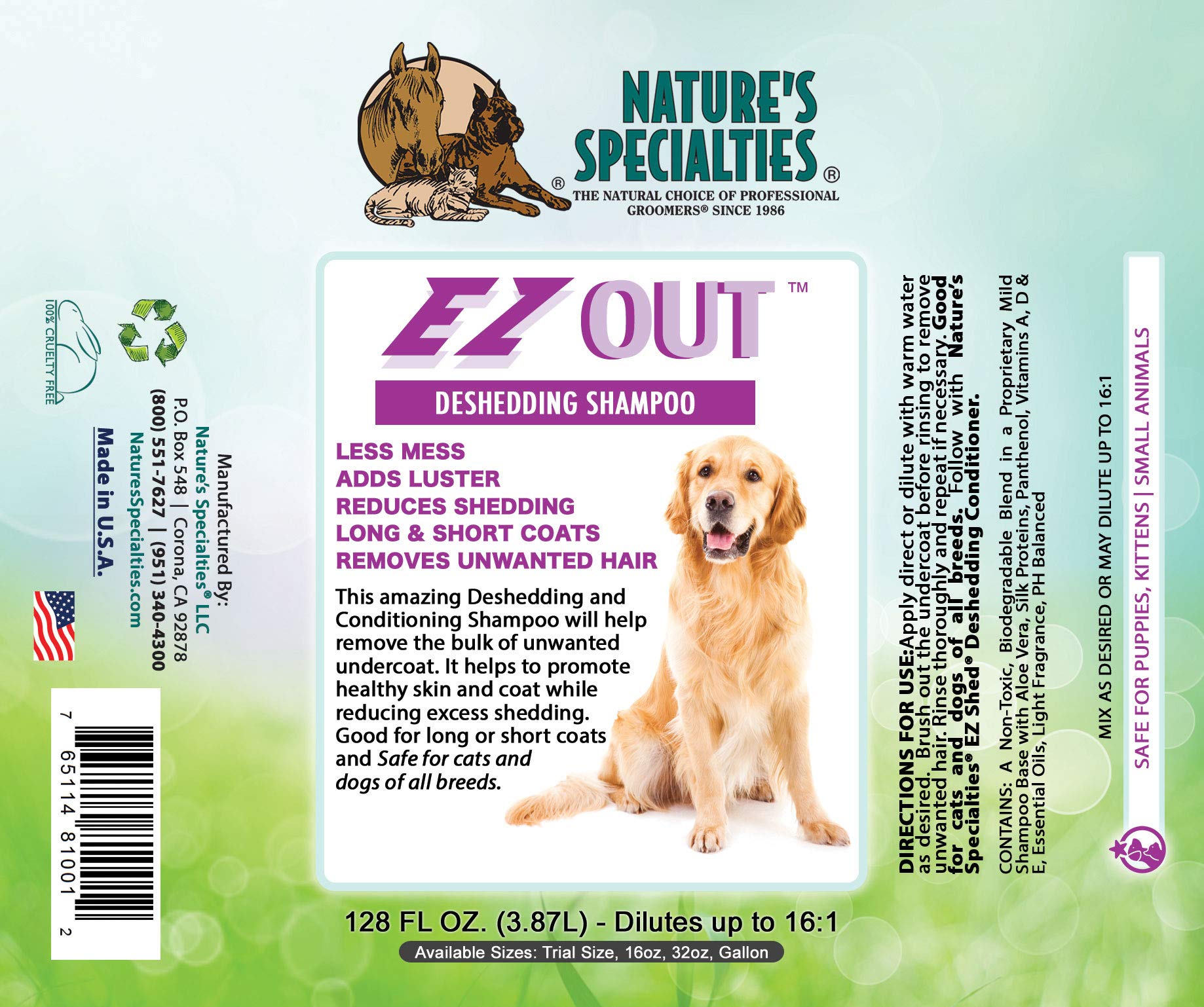 Nature's Specialties EZ Out Deshedding Ultra Concentrated Dog Shampoo for Pets, Makes up to 4 Gallons, Natural Choice for Professional Groomers, Removes Unwanted Hair, Made in USA, 32 oz