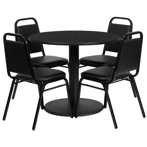 Flash Furniture 36'' Round Black Laminate Table Set with Round Base and 4 Black Trapezoidal Back Banquet Chairs