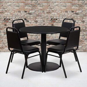 flash furniture 36'' round black laminate table set with round base and 4 black trapezoidal back banquet chairs