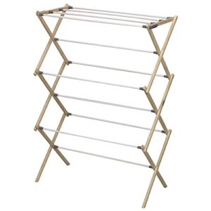household essentials x-frame clothes drying rack, stabile wood frame with slanted feet, smooth vinyl wrapped rods, 23.8 feet of hanging space, ready to assemble, flat top, natural