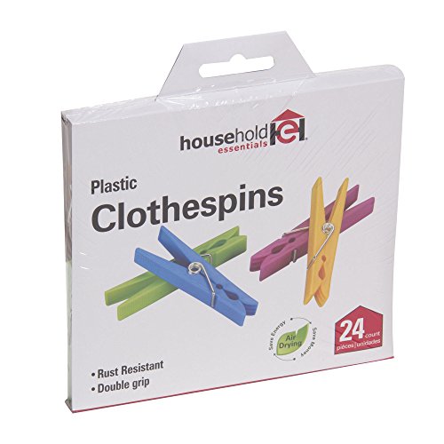 Household Essentials Plastic Clothespins, Blue/Green/Yellow and Red, Bag of 24