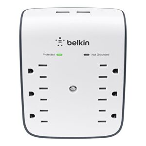 belkin 6-outlet wall surge protector w/ 2 usb ports - wall mountable w/ premium protection against surges - safe charge for mobile devices, tablets, small appliances, & more - 900 joules of protection