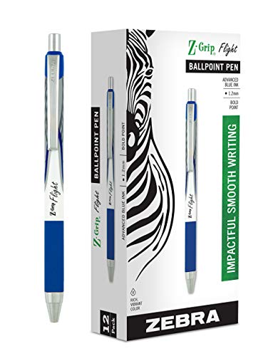 Zebra Pen Z-Grip Flight Retractable Ballpoint Pen, Bold Point, 1.2mm, Blue Ink, 12-Count