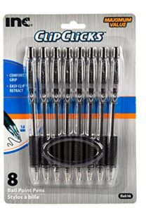 clip click retractable ball point pens, 1.0 mm black ink, set of 8