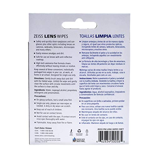 Zeiss Pre-Moistened Lens Cleaning Wipes - Cleans Bacteria, Germs and Without Streaks for Eyeglasses and Sunglasses - (50 Count)