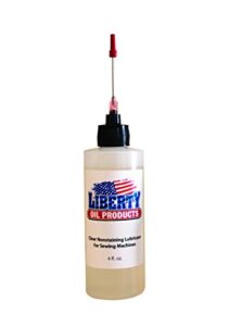 liberty oil, clear nonstaining oil for lubricating all moving parts of your sewing machine. large 4 ounce bottle.