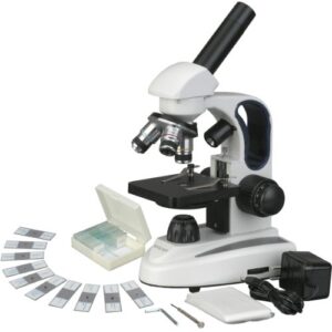 amscope m158c-2l-ps25 cordless compound monocular microscope, wf10x and wf25x eyepieces, 40x-1000x magnification, upper and lower led illumination with rheostat, brightfield, single-lens condenser, coaxial coarse and fine focus, plain stage, 110v or batte