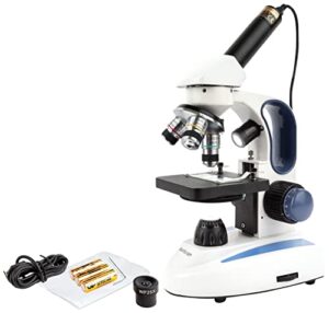 amscope m158c-2l-e digital cordless compound monocular microscope, wf10x and wf25x eyepieces, 40x-1000x magnification, upper and lower led illumination with rheostat, brightfield, single-lens condenser, coaxial coarse and fine focus, plain stage, 110v or