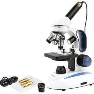 AmScope M158C-2L-E Digital Cordless Compound Monocular Microscope, WF10x and WF25x Eyepieces, 40x-1000x Magnification, Upper and Lower LED Illumination with Rheostat, Brightfield, Single-Lens Condenser, Coaxial Coarse and Fine Focus, Plain Stage, 110V or