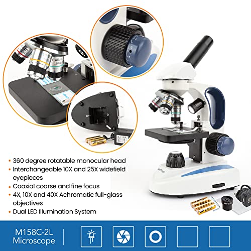 AmScope M158C-2L-E1 Digital Cordless Compound Monocular Microscope, WF10x and WF25x Eyepieces, 40x-1000x Magnification, Upper and Lower LED Illumination with Rheostat, Brightfield, Single-Lens Condenser, Coaxial Coarse and Fine Focus, Plain Stage, 110V or