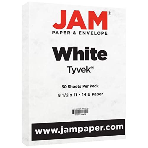 JAM PAPER Tyvek 14lb Tear-Proof Paper (55 gsm) - Pack of 50 Sheets - 8.5 x 11 - Waterproof White Paper