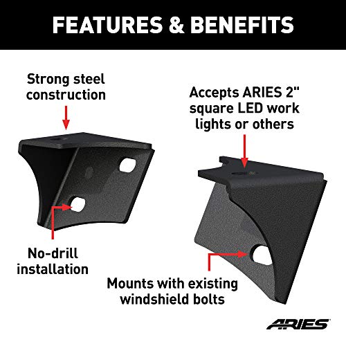 ARIES AR15800 Jeep Wrangler JK Windshield Light Brackets, LEDs Sold Separately, Black