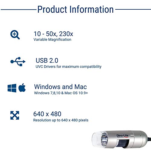 Dino-Lite USB Digital Microscope AM3111-0.3MP, 10x - 50x, 230x Optical Magnification, 8 LEDs