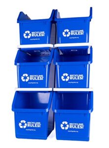recycling rules 6 gallon stackable recycling bin container in blue, eco-friendly bpa-free handy recycler with handle, 6-pack