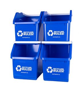 recycling rules 6 gallon stackable recycling bin container in blue, eco-friendly bpa-free handy recycler with handle, 4-pack