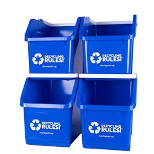 Recycling Rules 6 Gallon Stackable Recycling Bin Container in Blue, Eco-Friendly BPA-Free Handy Recycler with Handle, 4-Pack