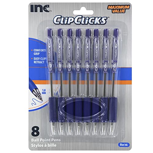 Clip Click Retractable Ball Point Pens, 1.0 mm Blue Ink, Set of 8