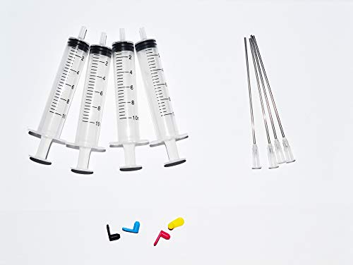 4 x 10ml Syringe with Blunt 4" Long Needle to Glue Craft, Refill Ink Cartridge CISS with 4 Different Color Cups