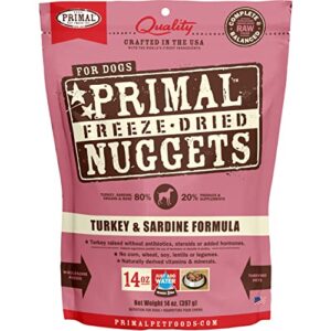 primal freeze dried dog food nuggets turkey & sardine 14 oz, complete & balanced scoop & serve healthy grain free raw dog food, crafted in the usa