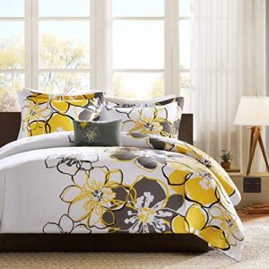 mi zone allison comforter set fun bedroom décor - modern all season floral vibrant color cozy bedding layer, matching sham, decorative pillow, full/queen, yellow/grey 4 piece