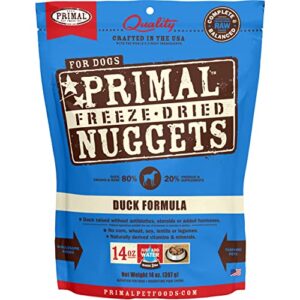 primal freeze dried dog food nuggets duck 14 oz, complete & balanced scoop & serve healthy grain free raw dog food, crafted in the usa