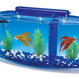 PENN-PLAX Deluxe Triple Betta Bow Tank Kit – Safely Divided Compartments – White and Blue LED Display Lights – Includes Under Gravel Filter & Plastic Plants – 0.7 Gallon in Blue