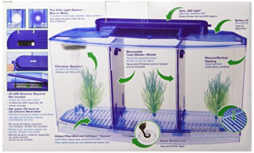 PENN-PLAX Deluxe Triple Betta Bow Tank Kit – Safely Divided Compartments – White and Blue LED Display Lights – Includes Under Gravel Filter & Plastic Plants – 0.7 Gallon in Blue