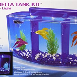 PENN-PLAX Deluxe Triple Betta Bow Tank Kit – Safely Divided Compartments – White and Blue LED Display Lights – Includes Under Gravel Filter & Plastic Plants – 0.7 Gallon in Blue