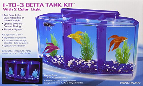 PENN-PLAX Deluxe Triple Betta Bow Tank Kit – Safely Divided Compartments – White and Blue LED Display Lights – Includes Under Gravel Filter & Plastic Plants – 0.7 Gallon in Blue