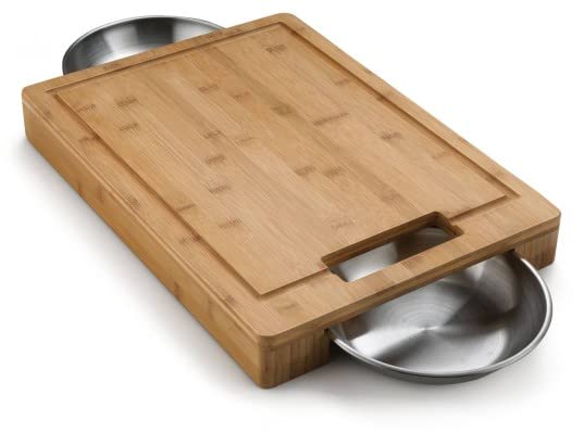 Napoleon PRO Bamboo Cutting Board with Stainless Steel Bowls 70012 Naturally Cutting Board with Two Stainless Steel Bowls, Chopping and Carving Meat