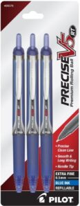 pilot precise v5 rt refillable & retractable liquid ink rolling ball pens, extra fine point (0.5mm) blue ink, 3-pack (26076)
