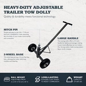 Tow Tuff TMD-600AFF Heavy Duty Solid Steel 600 Pound Capacity Trailer Dolly with Adjustable Hitch Ball Height and 10 Inch Flat Free Tires,Black,600 lb Capacity/2 Wheels