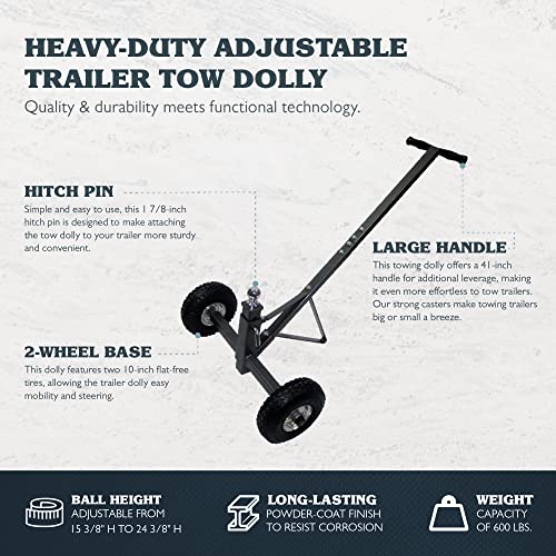 Tow Tuff TMD-600AFF Heavy Duty Solid Steel 600 Pound Capacity Trailer Dolly with Adjustable Hitch Ball Height and 10 Inch Flat Free Tires,Black,600 lb Capacity/2 Wheels