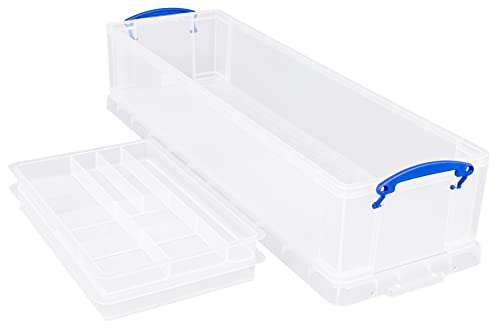 Really Useful Box 22 Litre Plastic Storage Box with 2 Trays Clear, Clear/Blue
