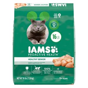 iams proactive health healthy senior dry cat food with chicken cat kibble, 16 lb. bag