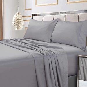 tribeca living bed sheet set, soft egyptian cotton sateen solid sheets and pillowcase set, deep pocket, 600 thread count, 6-piece luxury bedding, queen, silver grey