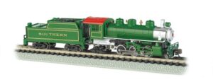 bachmann industries prairie 2-6-2 locomotive and tender southern train car, green, n scale