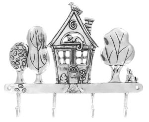 basic spirit handcrafted home sweet home pewter hanger for wall with 4 hooks (use for keys, aprons, pot holders, hand towels, robes, jackets, more)