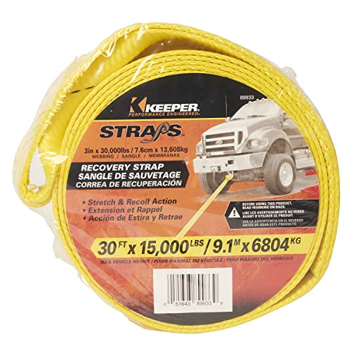 KEEPER 89933 30' x 3" Vehicle Recovery Strap, 15,000 lbs. Max Vehicle Weight