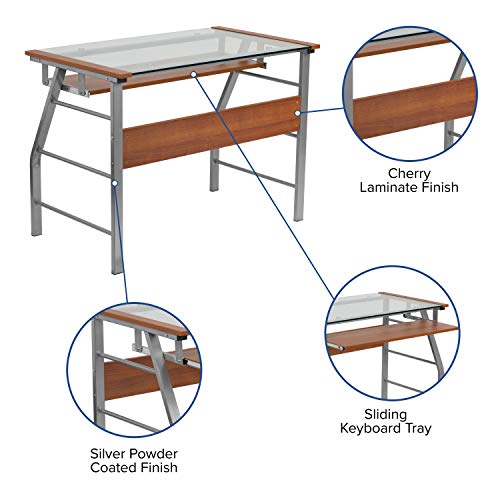 Flash Furniture Tremont Glass Computer Desk with Pull-Out Keyboard Tray and Bowed Front Frame, Clear/Silver, Set of 1