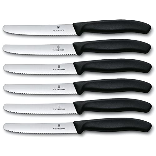 Victorinox Swiss Classic Tomato and Table Knife Set for Everyday Family Dining Serrated Blade in Black, Set of 6