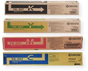 kyocera tk-897 bundle; includes 1t02k00us0 model tk-897k black toner, 1t02k0aus0 model tk-897y yellow toner, 1t02k0bus0 model tk-897m magenta toner, and 1t02k0cus0 model tk-897c cyan toner cartridge