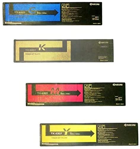 Kyocera TK-8307 Toner Cartridge Set; Compatible with TASKalfa 3550ci; Contains (1) TK-8307K Black Toner, (1) TK-8307C Cyan Toner, (1) TK-8307M Magenta Toner and (1) TK-8307Y Yellow Toner Cartridge