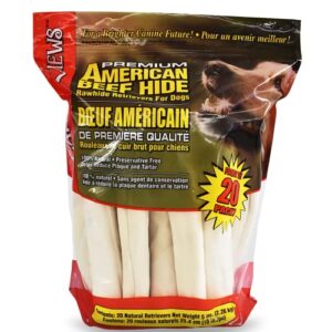canine chews 10-11" dog rawhide retriever rolls - dog rawhide chews (20 pack) - 100% usa-sourced natural beef raw hide dog bones for large dogs - healthy single-ingredient rawhide bones treat