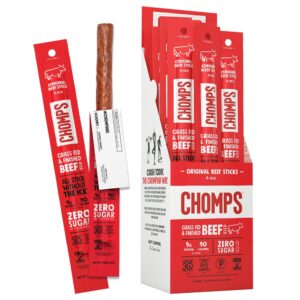 CHOMPS Grass Fed Original Beef Jerky Snack Sticks, Keto, Paleo, Whole30 Approved, Non-GMO, Gluten Free, Sugar Free, High Protein, 90 Calorie Snack, 24 Individual Servings